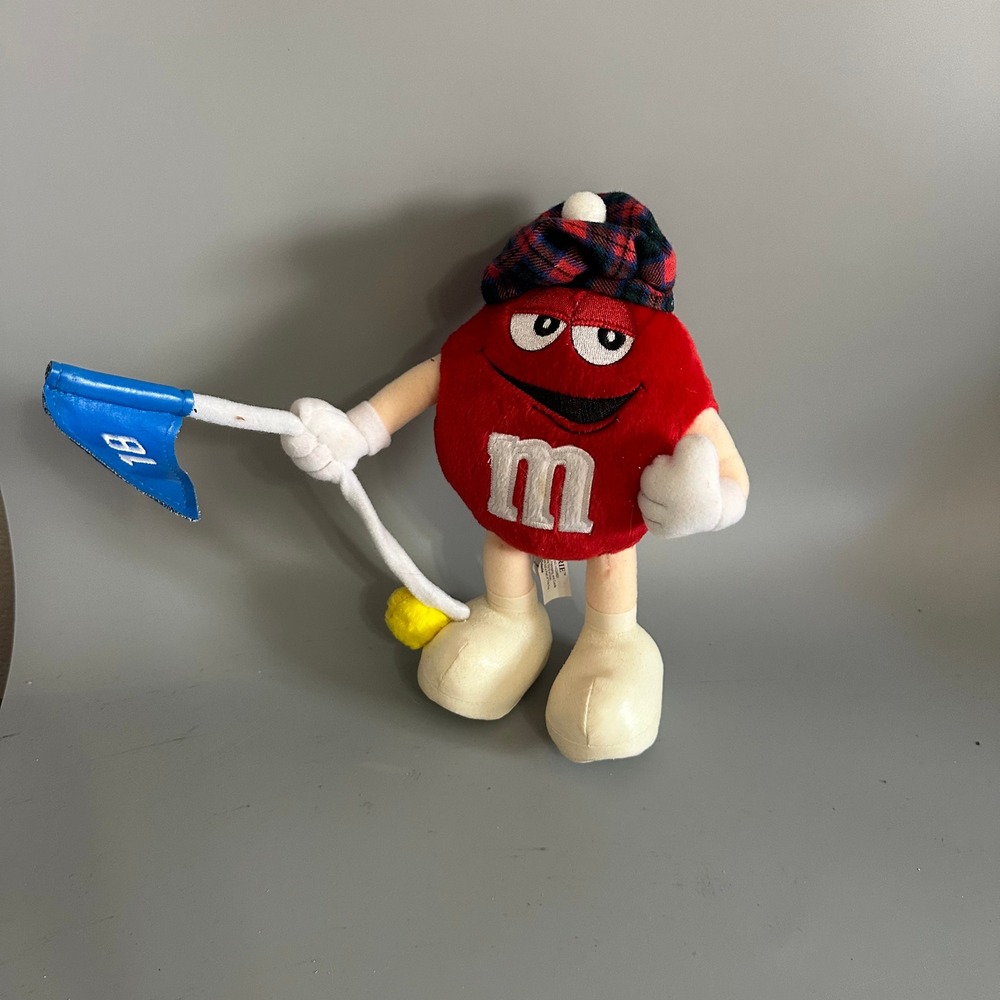 Vintage 2003 M&M's Red Character Golf Plush Galerie Plaid Hat 18th Hole Flag